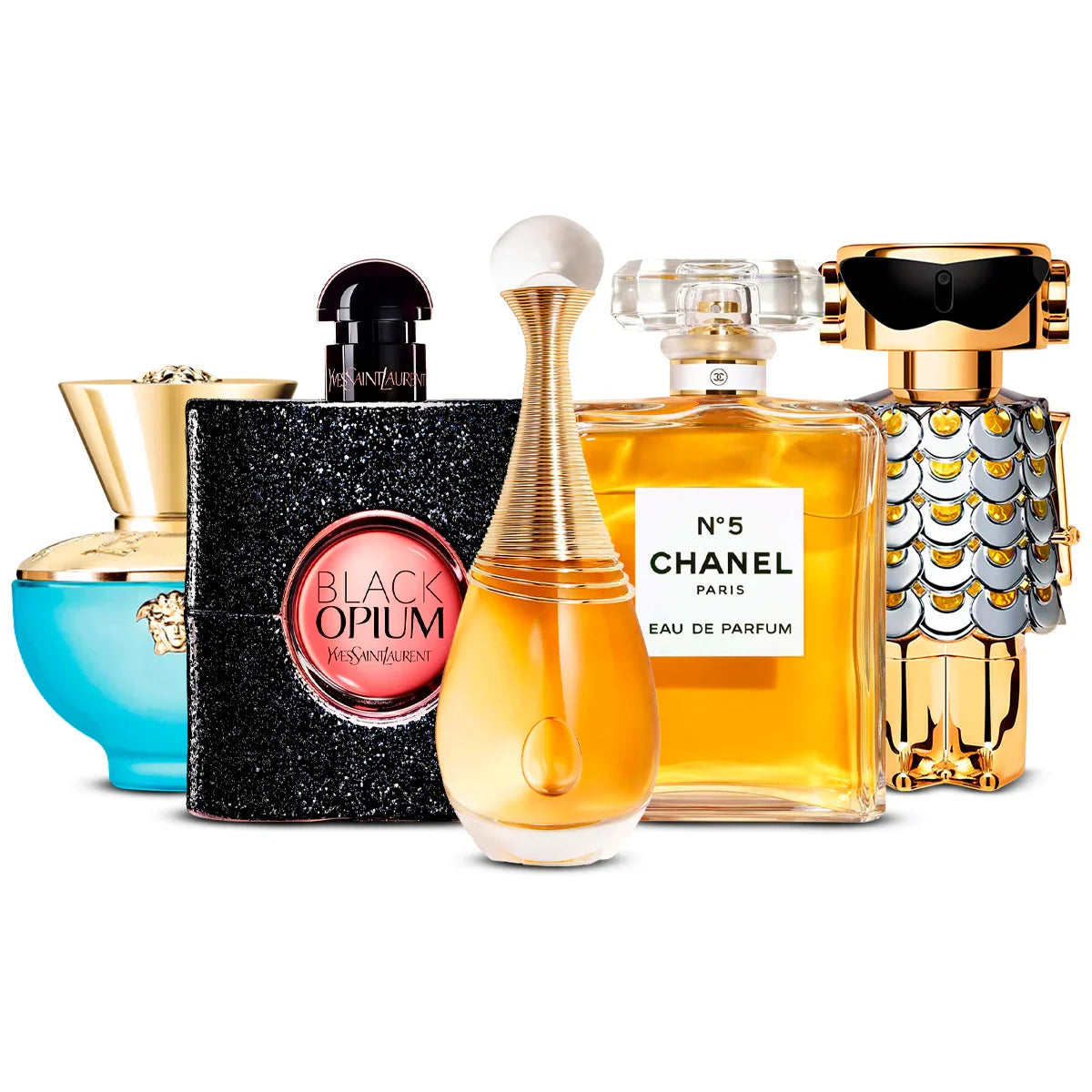 Zestaw 5 perfum: Versace Dylan Turquoise, Black Opium, J'adore, Chanel N°5, Fame 100ml